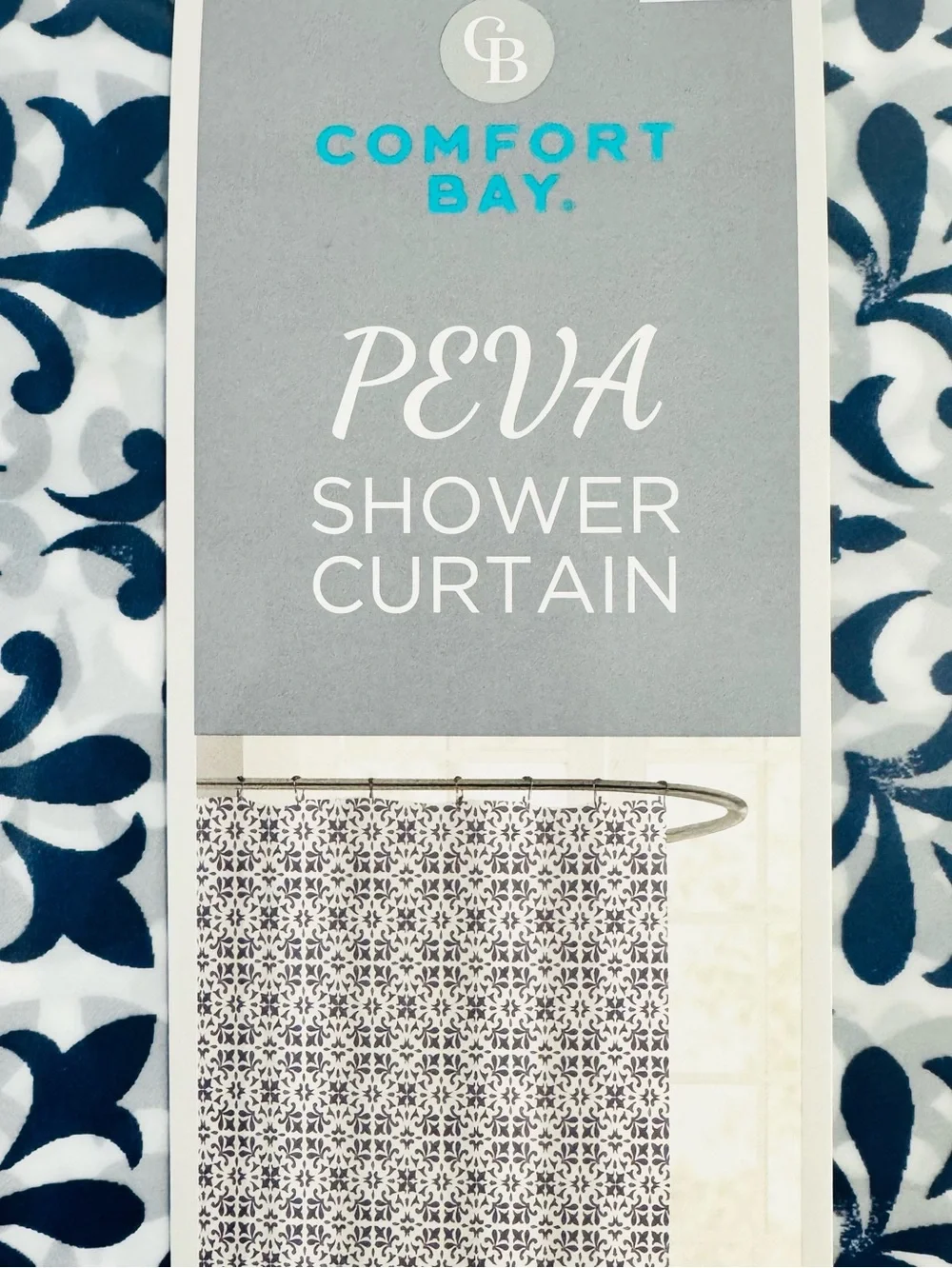 Comfort Bay Peva Shower Curtain Damask Printed Navy Blue 70x72 NWT